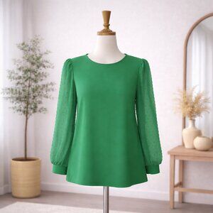 CeCe Sheer Puff Sleeve Blouse Emerald Green Small Dotted Chiffon